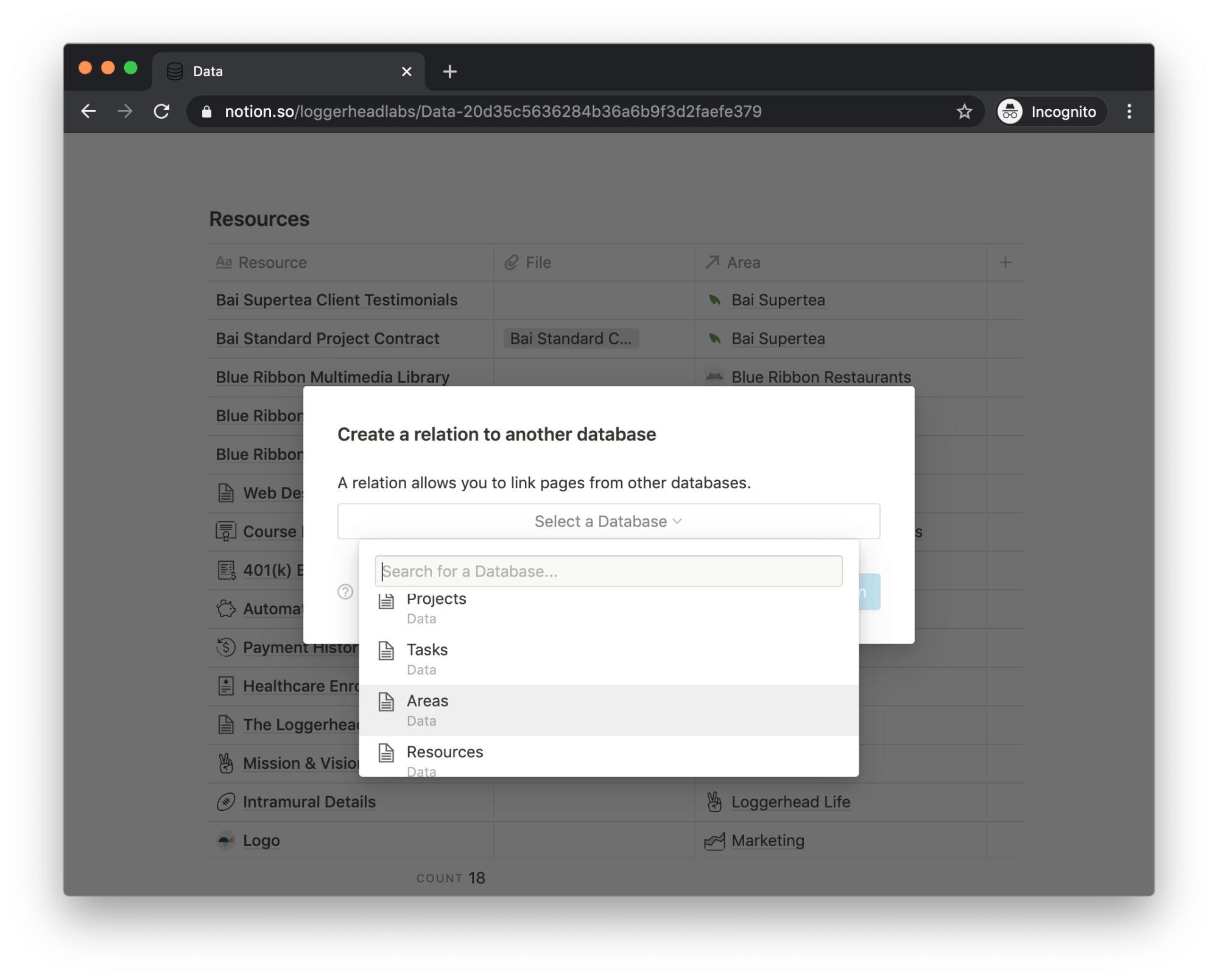 Link Notion Databases: Areas to Resources